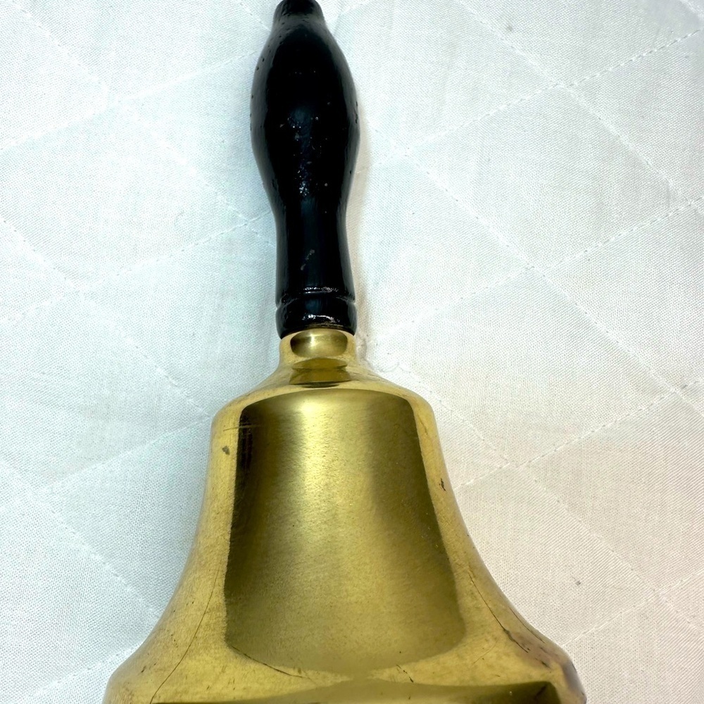 Vintage Brass School Church Bell With Black Wood Handle Antique